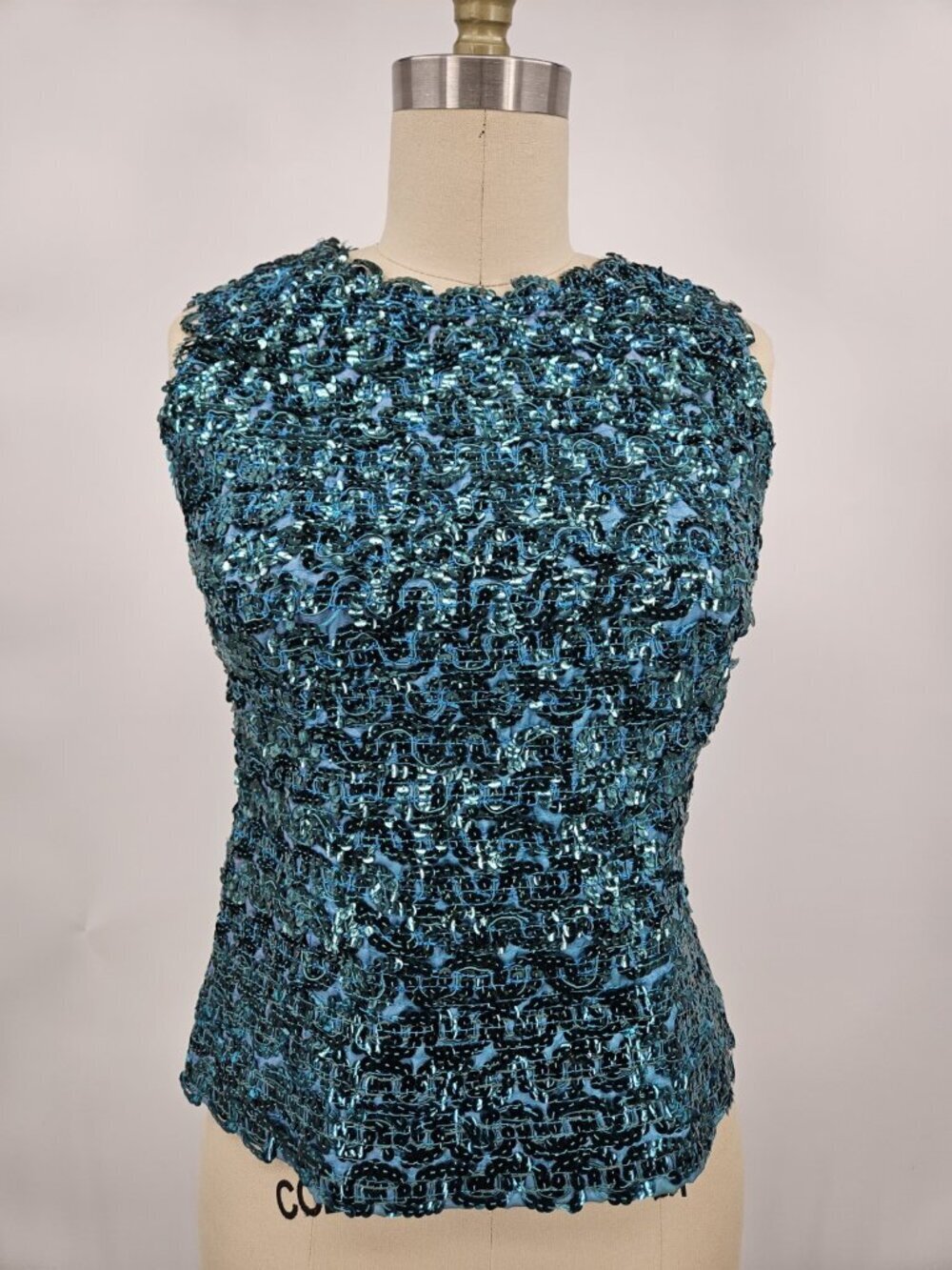 VTG Handmade Sequin Sleeveless Top Teal Blue Womens M? Sleeveless Zip Back